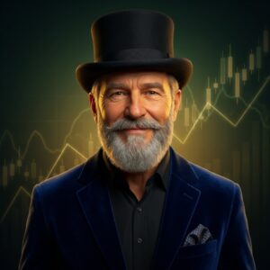 Man met hoge hoed en grafieken. De autonome AI agent van de Retail Traders & Beleggers.
